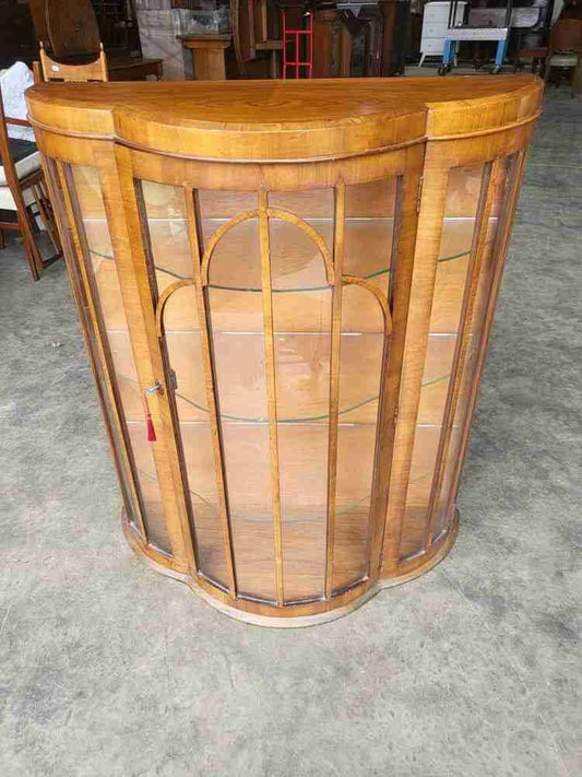 20thC bow front glazed China cabinet bookcase shelves