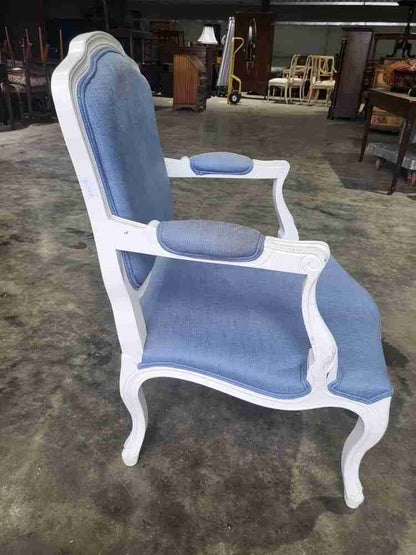 Antique repro French painted arm chair cabriole legs blue fabric  footstool