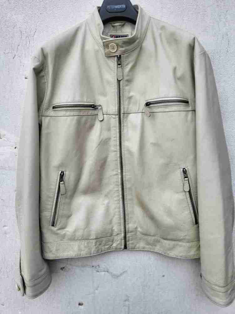 Men's cream leather biker jacket 42" M