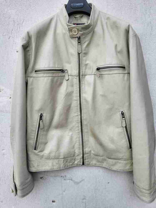Men's cream leather biker jacket 42" M