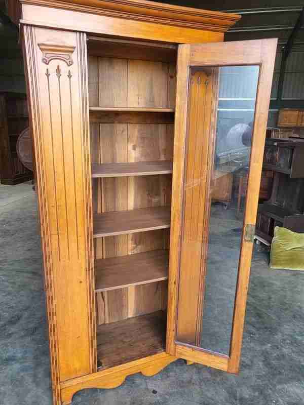 Antique Edwardian tall slim walnut glazed linen press cupboard bookcase