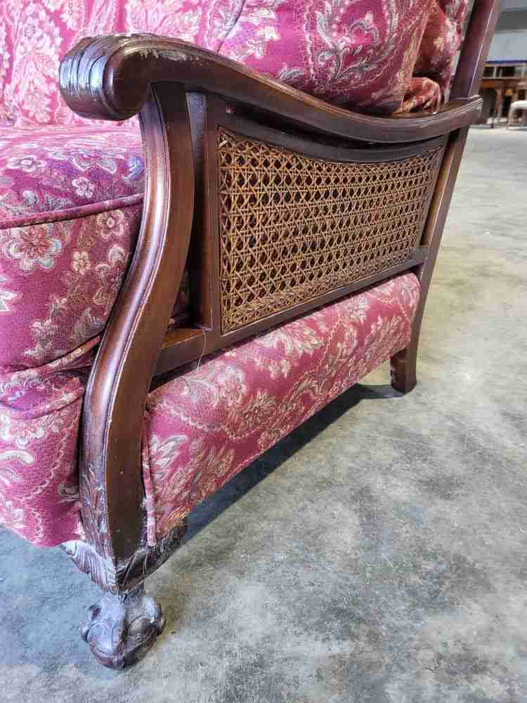 Antique 3 piece suite  20thC bergere sofa 24 feather cushions 2 bergere armchair