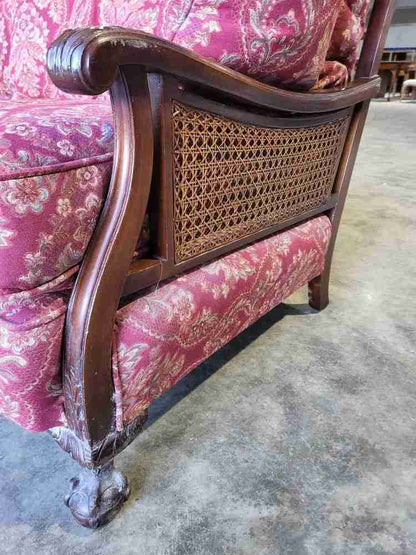 Antique 3 piece suite  20thC bergere sofa 24 feather cushions 2 bergere armchair