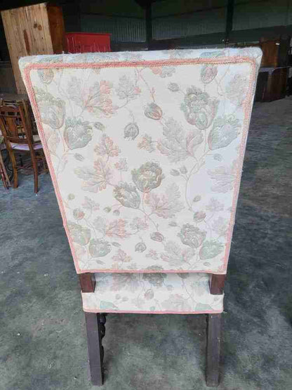 Pair two antique large upholstered open armchairs scrolled arms sprung