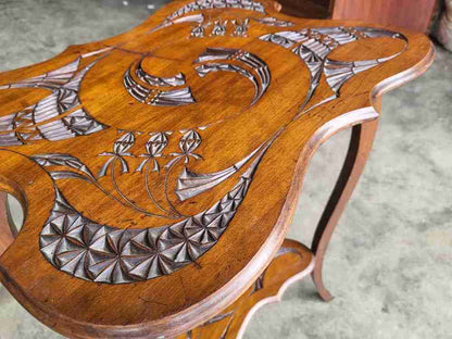 Antique Edwardian serpentine  carved 2 tier  side end lamp table cabriole legs