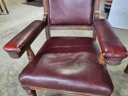 Pair two his &amp; hers antique leather Oak high back arm chairs office