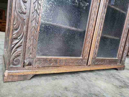 Antique dark oak carved ornate 2 door glazed bookcase cabinet