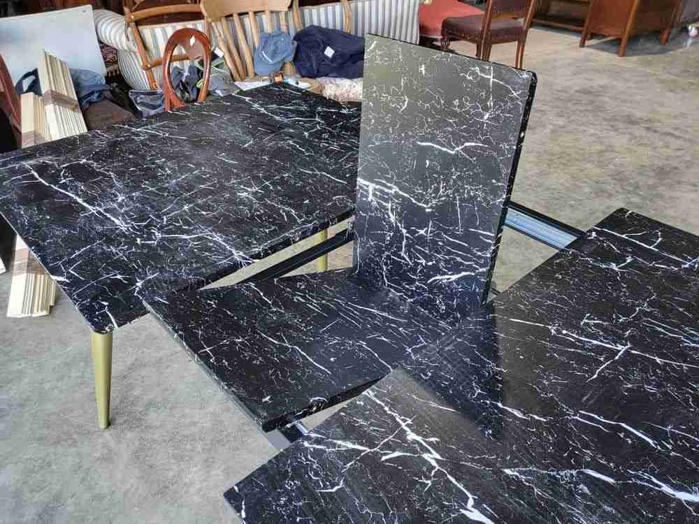 Vintage 70's style extending marble effect  dining table brass legs