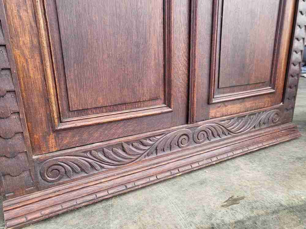 Antique dark oak panelled carved 2 x door wardrobe