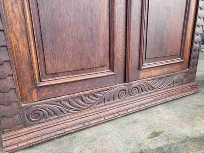 Antique dark oak panelled carved 2 x door wardrobe