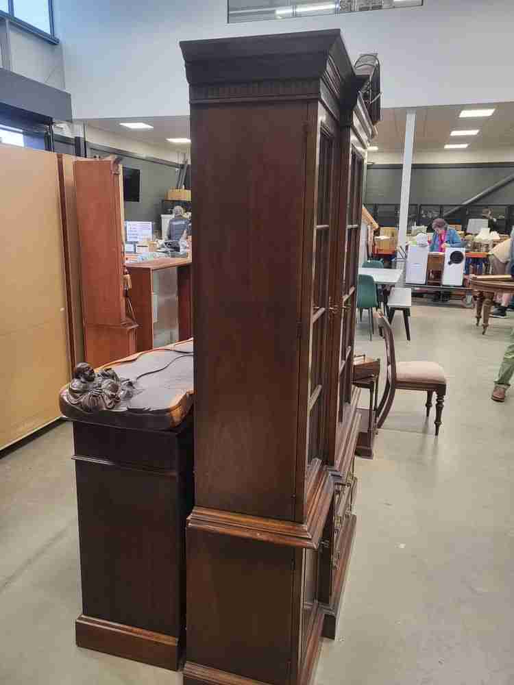 Large antique repro glazed bookcase cabinet cupboard drawers