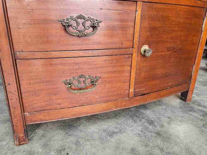 Antique Edwardian low bow front small chest of drawers with cupboard