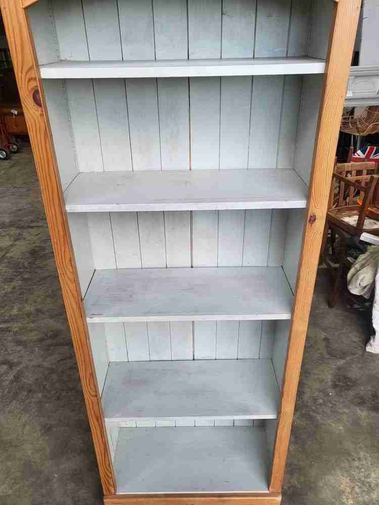 20thC pine tall slim open bookcase painted interior shelves
