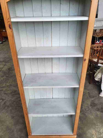 20thC pine tall slim open bookcase painted interior shelves