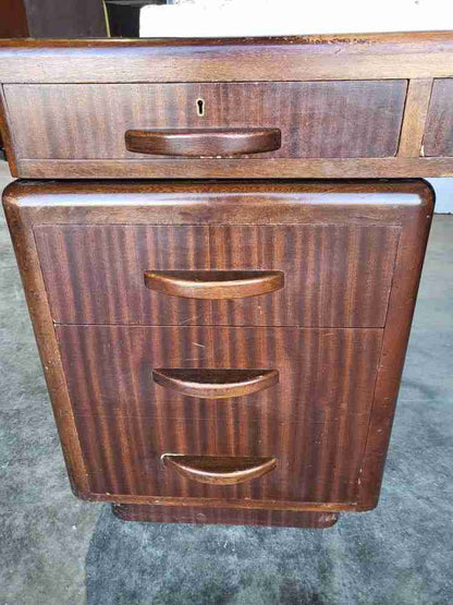 Antique Deco large twin pedestal desk 8 drawers  blue top