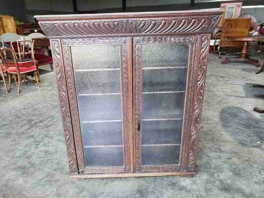 Antique dark oak carved ornate 2 door glazed bookcase cabinet