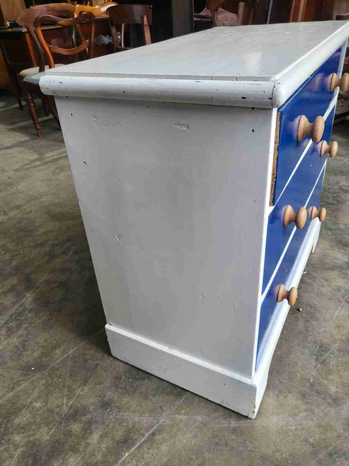 Vintage 20thC small low painted chest of drawers white blue 3 drawers
