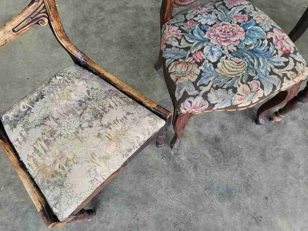 Four mixed Victorian balloon back dining chairs floral