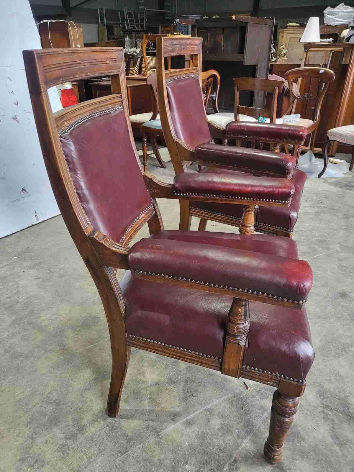 Pair two his &amp; hers antique leather Oak high back arm chairs office