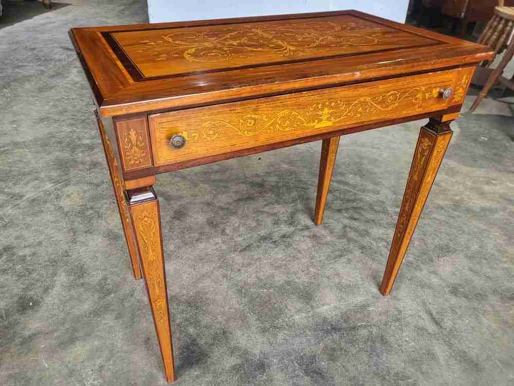 Sheraton revival antique inlaid writing desk drawer table