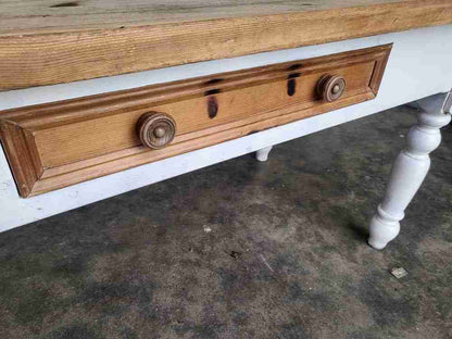 20thC pine  kitchen dining table white legs drawer seat 6