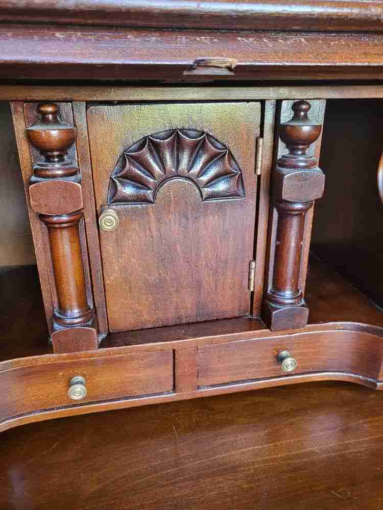 Antique repro serpentine glazed bookcase bureau desk drawers