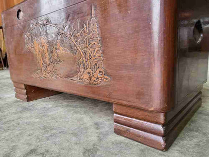 Vintage 20thC Chinese carved camphor wood  trunk chest storage box coffer