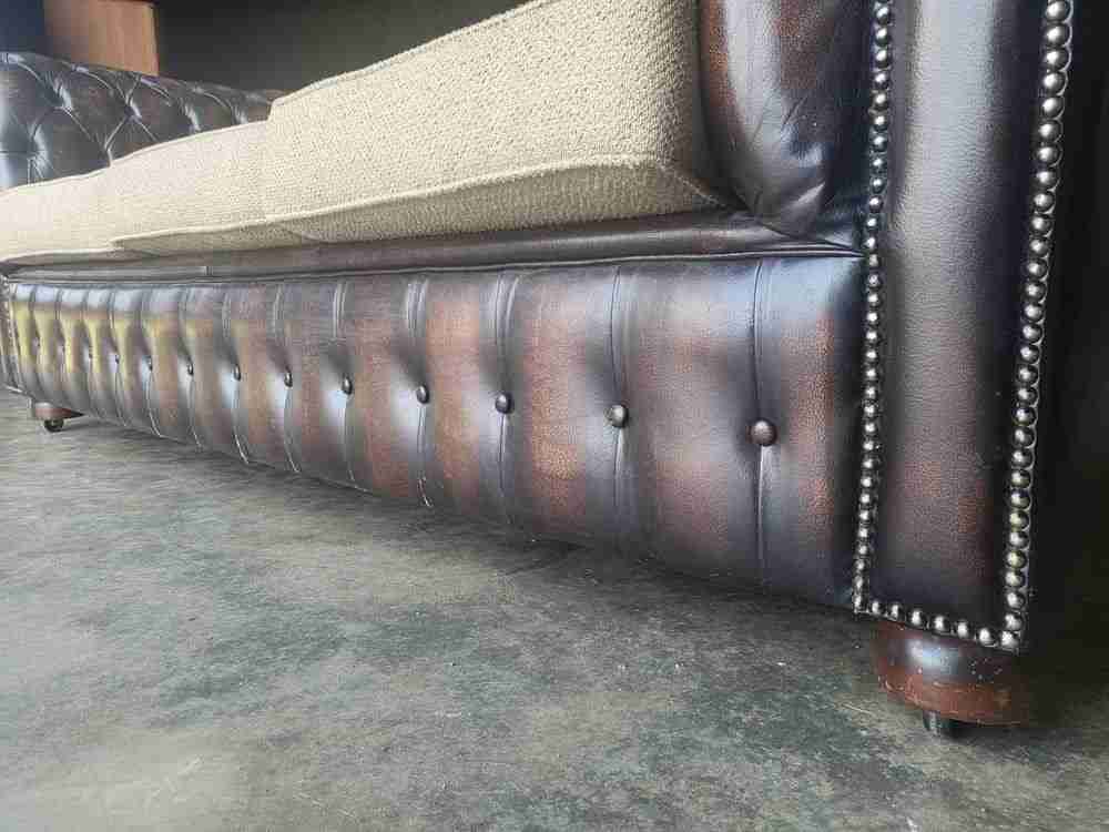 Antique repro button back 3 seat brown leather Chesterfield  sofa