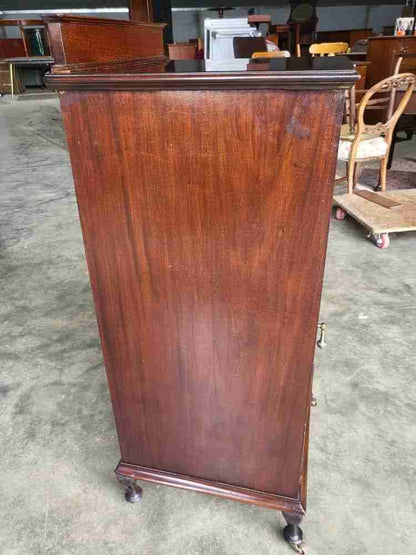 Antique Edwardian glazed music cabinet bookcase cabriole legs castors shelves