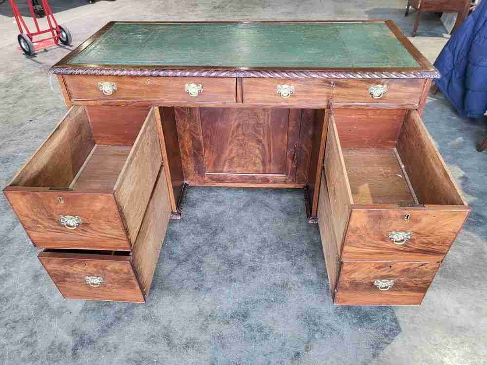 Antique Victorian knee hole writing desk claw feet leather top cupboard
