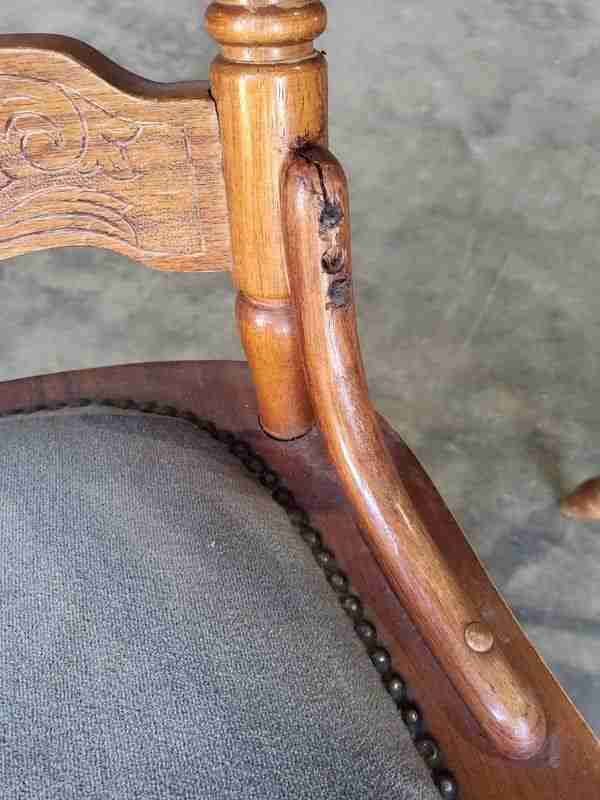 20thC 4 continental high back carved kitchen country dining chairs fabric seats