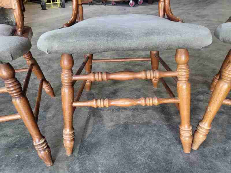 20thC 4 continental high back carved kitchen country dining chairs fabric seats