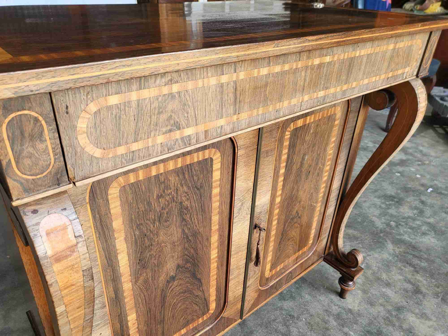 Antique inlaid small sideboard cupboard curved columns