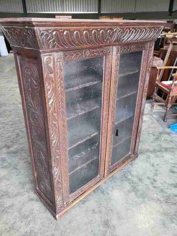 Antique dark oak carved ornate 2 door glazed bookcase cabinet