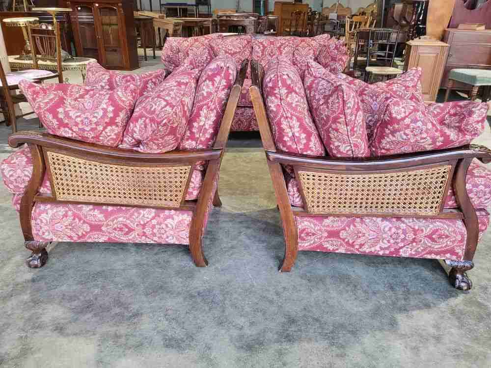 Antique 3 piece suite  20thC bergere sofa 24 feather cushions 2 bergere armchair
