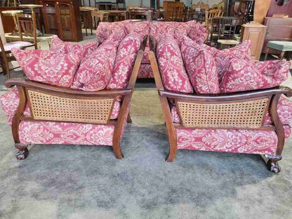 Antique 3 piece suite  20thC bergere sofa 24 feather cushions 2 bergere armchair