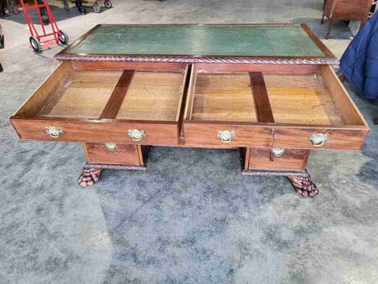Antique Victorian knee hole writing desk claw feet leather top cupboard