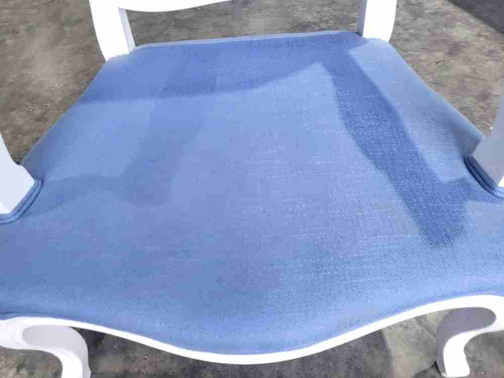 Antique repro French painted arm chair cabriole legs blue fabric  footstool