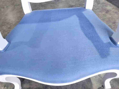 Antique repro French painted arm chair cabriole legs blue fabric  footstool
