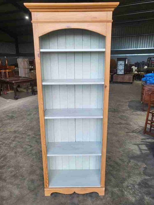 20thC pine tall slim open bookcase painted interior shelves