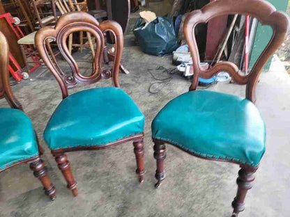 Antique Victorian 8 mixed mahogany dining chairs turned legs faux leather
