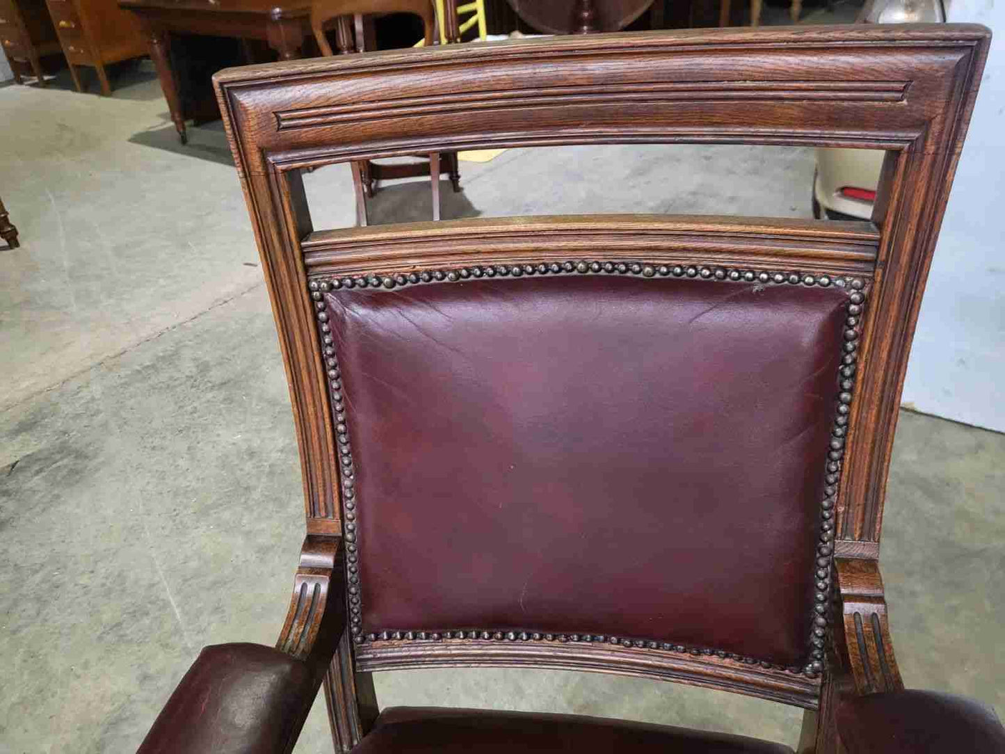 Pair two his &amp; hers antique leather Oak high back arm chairs office