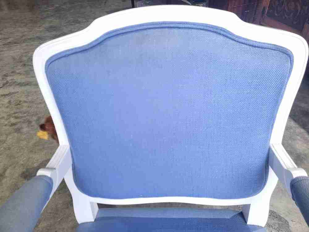 Antique repro French painted arm chair cabriole legs blue fabric  footstool