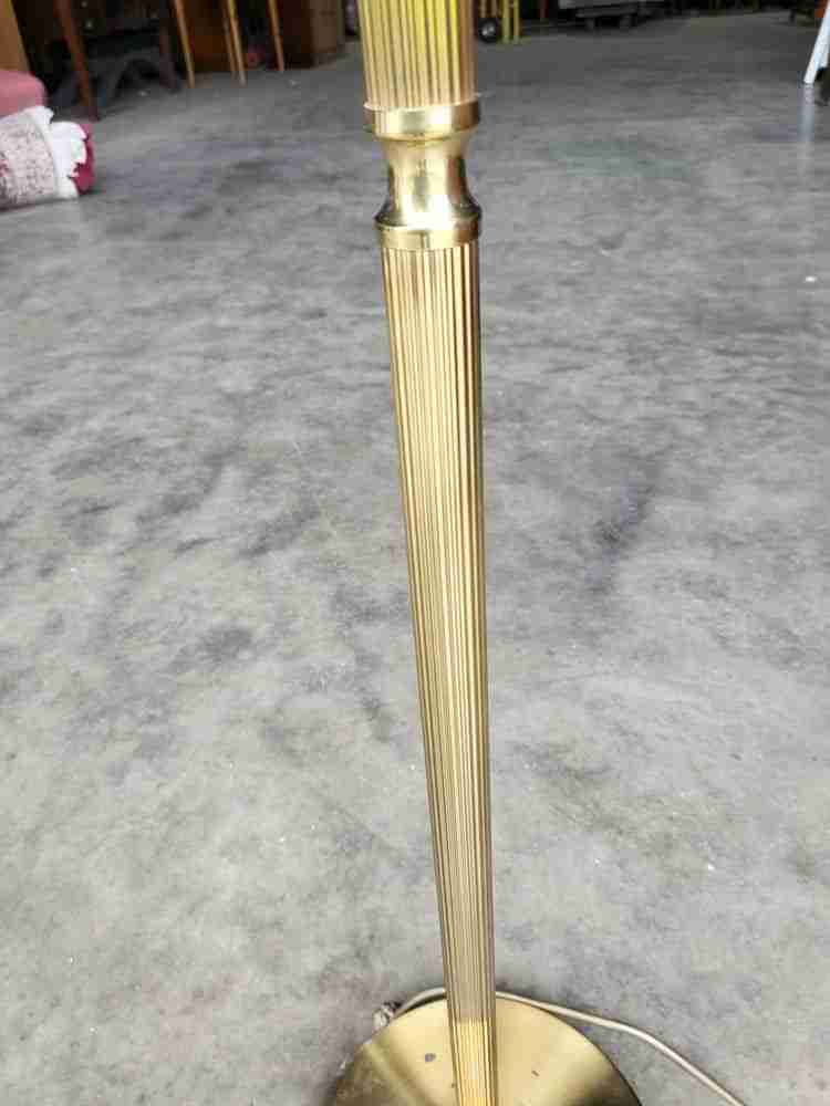 Vintage 20thC brass standard lamp cream shade round base feet