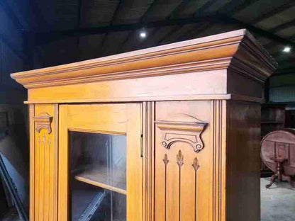 Antique Edwardian tall slim walnut glazed linen press cupboard bookcase
