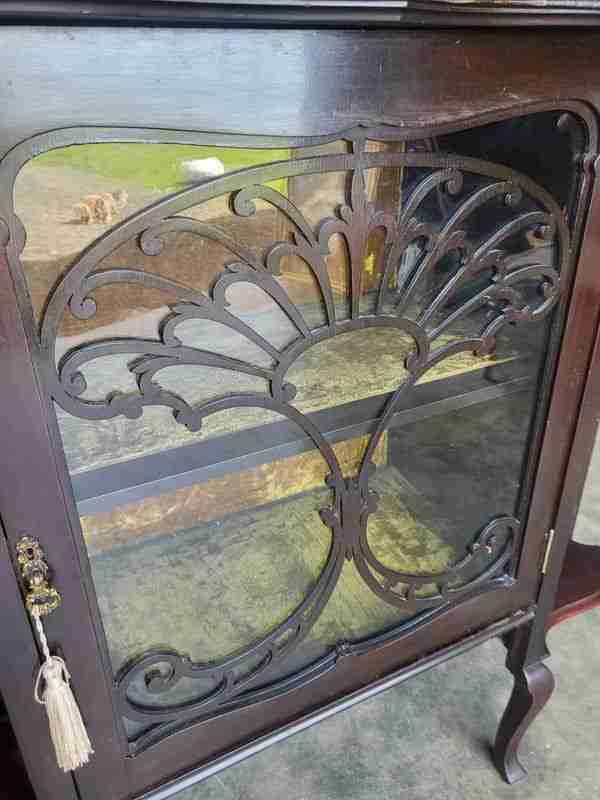 Antique serpentine glazed chiffonier sideboard cabinet velvet shelves