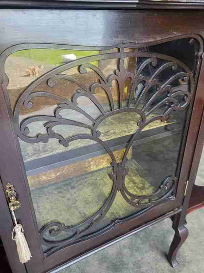 Antique serpentine glazed chiffonier sideboard cabinet velvet shelves