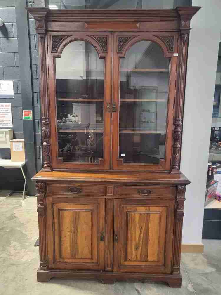 Antique Victorian large glazed bookcase cabinet cupboard drawers