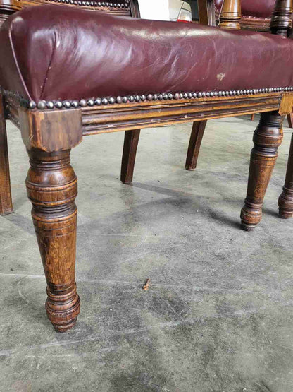 Pair two his &amp; hers antique leather Oak high back arm chairs office