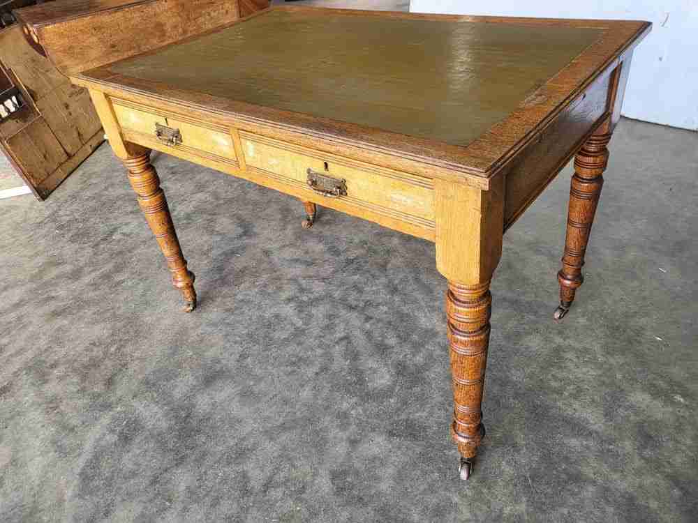 Antique Edwardian 2 drawer writing table desk turned legs castors